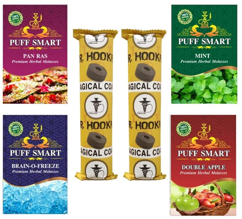 PUFF SMART Premium Herbal Flavor Pan Ras, Mint, Brain-O-Freeze, Double Apple With 2 Polo Charcoal Combo (100% Nicotine And Tobacco Free)-image-14