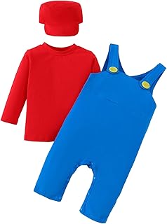 Toddler Halloween Costume Plumber Costume Shirt Blue Bib Overalls Pant Set With Hat Bro Outfits for Baby Boys Girls