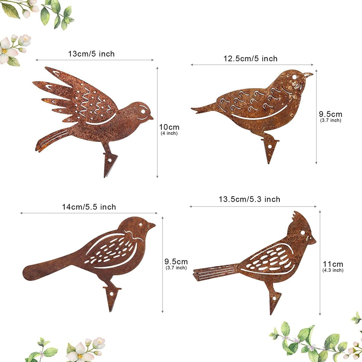 Paquete de 4 estacas de metal con pátina rústica para pájaros, ideales para vallas de madera y adornos de jardín.