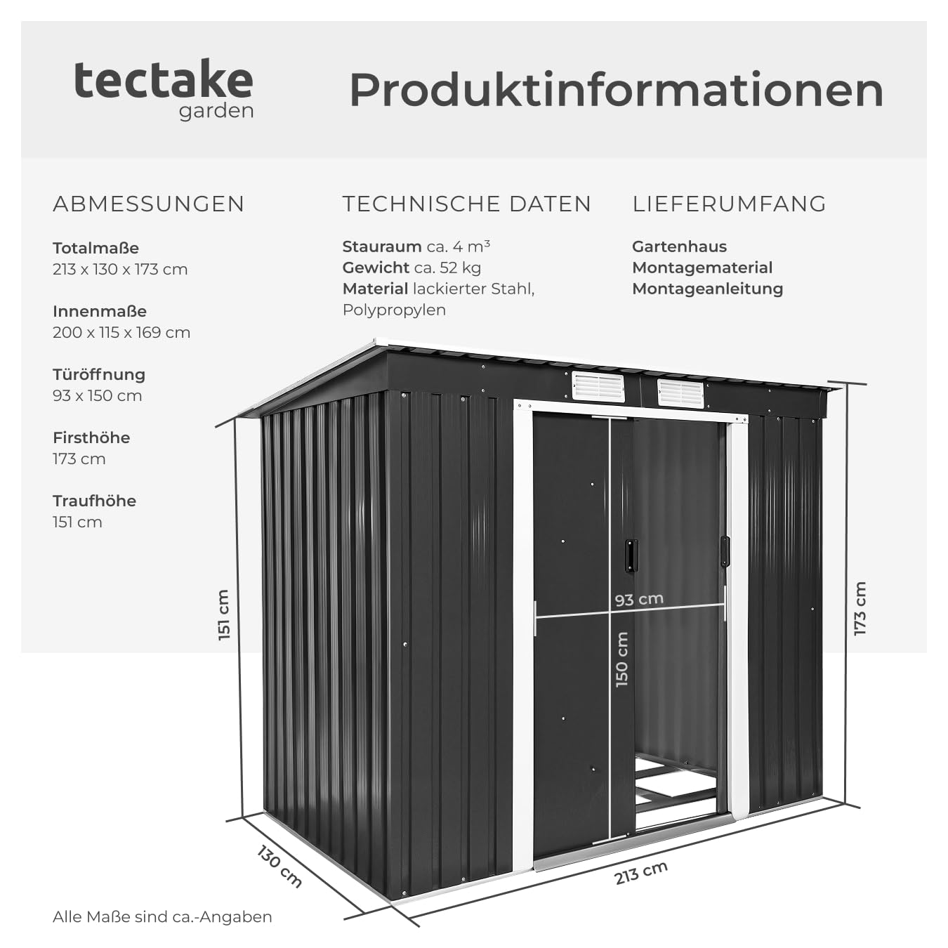 tectake® Metall Gartenhaus mit Schrägdach, Geräteschuppen Garten mit Schiebetür, Gerätehaus mit Metallfundament, als Gartenschuppen, Gartenhütte oder Fahrradgarage, 4 m³ Lagerfläche - grau/weiß