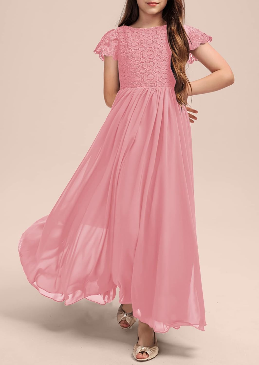 HOSIKA Girls Vintage Chiffon Ruffle Sleeve A-Line Wedding Party Maxi Junior Bridesmaid Dress for Kids 6-12 Years - Image 2