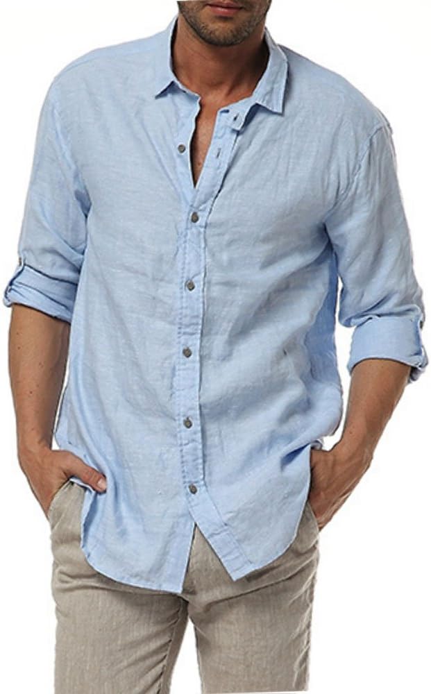 Mens Casual 100% Linen Rolled up Long Sleeve Buttons Down Classic Shirts