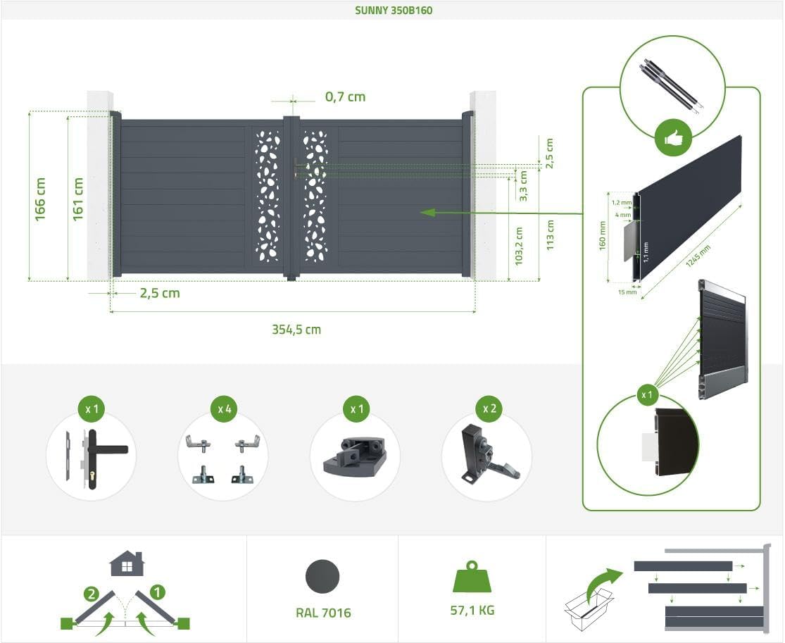 Detailed diagram of the Casanoov SUNNY swing gate with overall dimensions and key component measurements, including gate width of 354.5 cm and height of 161 cm.