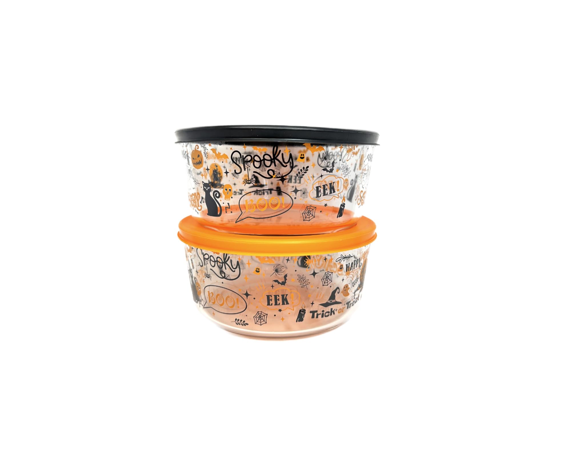 Recipientes de almacenamiento de vidrio para Halloween con tapas, juego de 4 (2 recipientes + 2 tapas), 4 tazas (32 onzas), diseño espeluznante, sin BPA, aptos para microondas y lavavajillas,