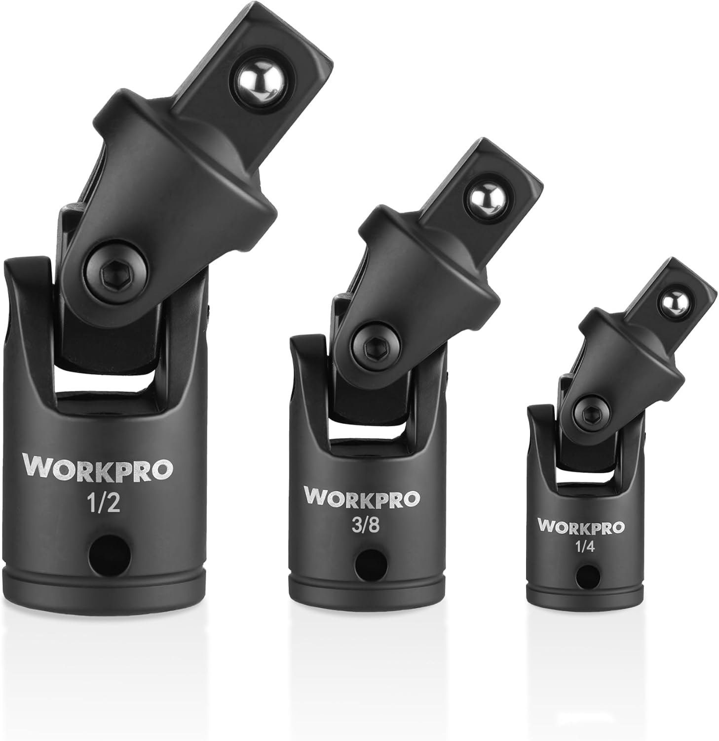 WORKPRO 3-Piece Universal Joint Socket Adapter Set 1/4" 3/8" 1/2" Drive CR-V Steel Flexible U-Joints for Tight Spaces