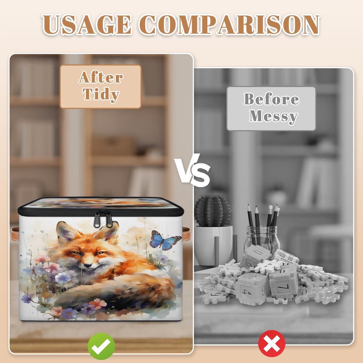 Storage Bin Set of 2 Fox Butterfly Storage Basket with Zipper Lid & Handle Foldable Closet Shelf 2 Pack Cloth Organizer Basket Cube Bins Clothes Organizer for Nursery, Bedroom