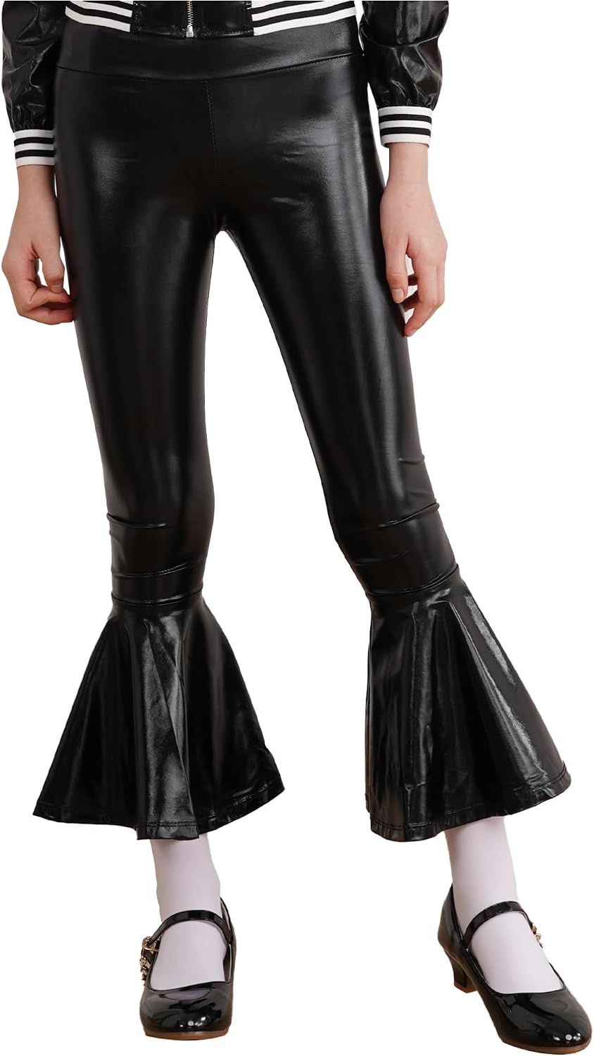 Agoky Girls Shiny Bronzing Dance Pants Athletic Yoga Leggings Stretchy Bell Bottoms Flared Pants for Modern Jazz Dancewear