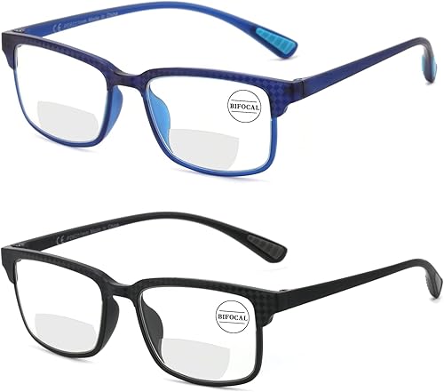 CARA - Paquete de 2 lentes de lectura bifocales de alta calidad para hombres, súper ligeros, ecológicos, TR90, lentes de computadora de línea