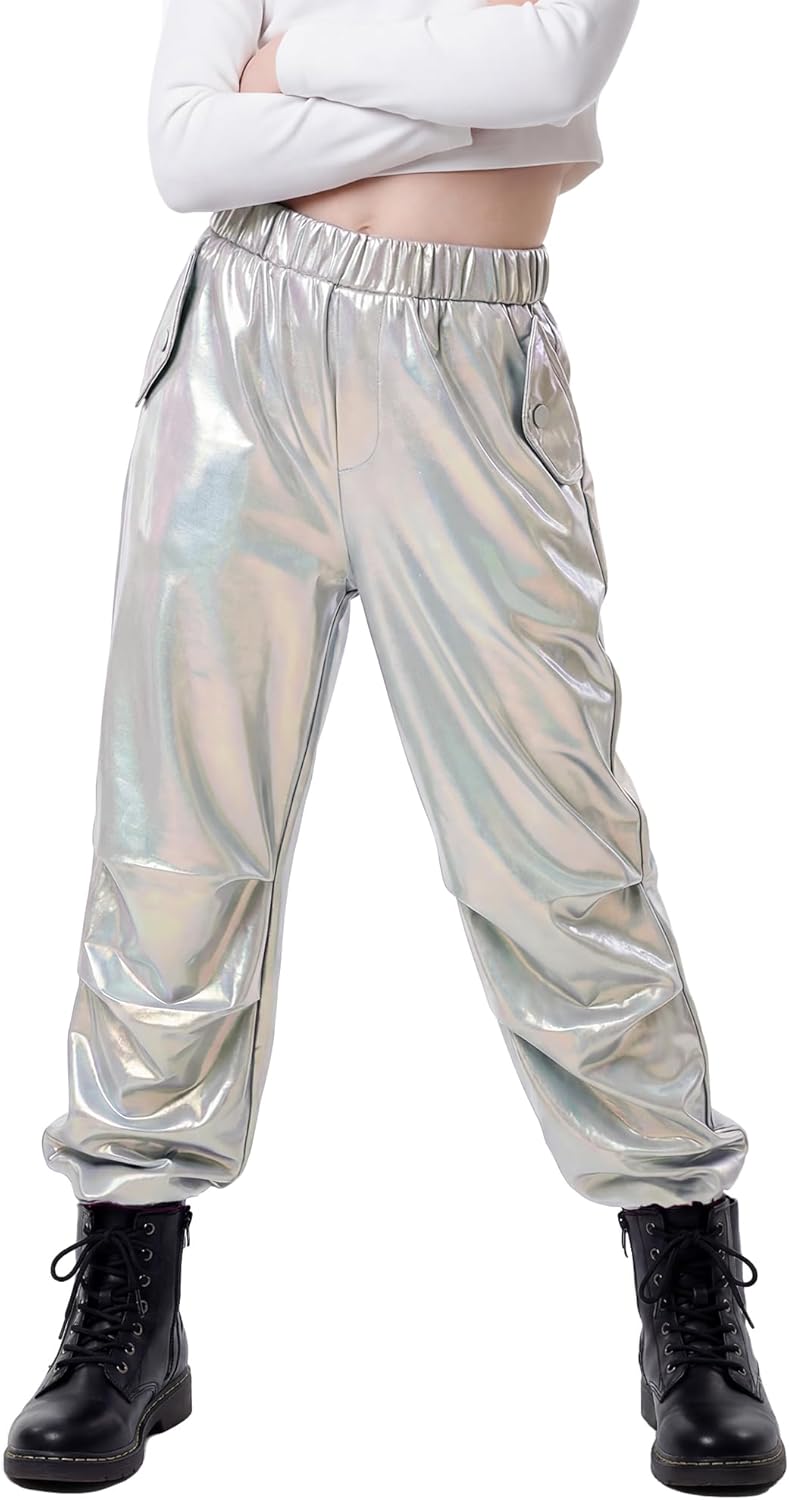 Stelle Girls Metallic Cargo Pants Shiny Hip Hop Dance Joggers Sparkly Stretchy Wide Leg Street Pants for Kids 4-15 Years