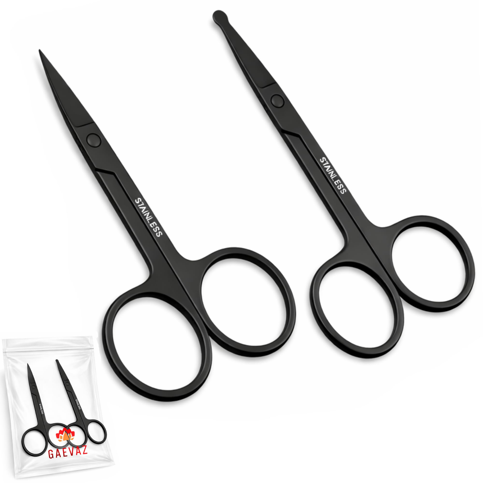 2 Tijeras Pequeñas de Acero Inoxidable para Vello Facial – 1 Punta Curva y 1 Punta Redonda – Cejas, Nariz, Oídos, Cutículas, Uñas, Barba y Bigote (Negro)