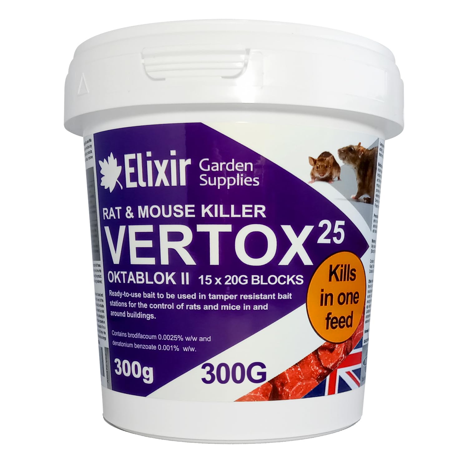 Elixir Gardens Vertox 25 300g Tub x7 | Rat, Mouse & Rodent Poison Killer | Fast Acting & Safe Ready-to-Use Wax Bait Blocks | KILLS IN ONE FEED | 1-12 Tub Quantities