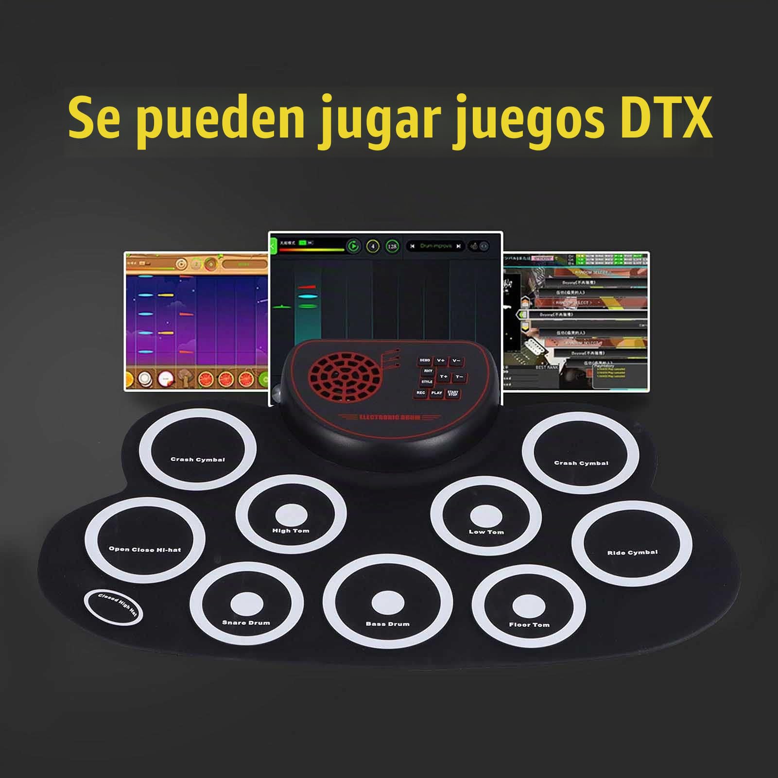 Batería Electrónica, Batería Enrollable, 9 Almohadillas Kit de Batería con Almohadillas de Práctica de Batería Enrollables, con Pedales de Batería y Baquetas, Altavoz Doble