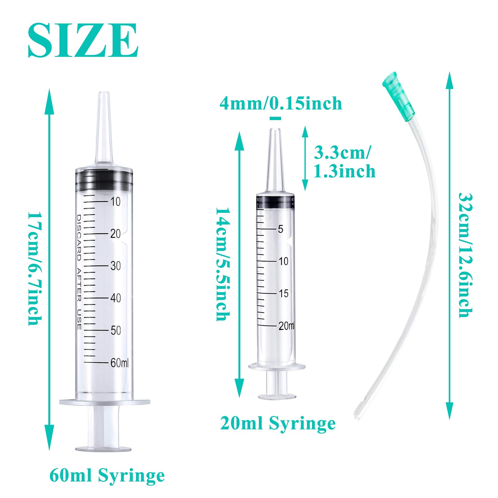 4pcs Plastic Syringe with 13inch Tube for Liquids, Oral, Scientific Labs, Measuring, Dispensing, animal feeding, pouring plants, including 2pc of 20ml and 60ml Syringes
