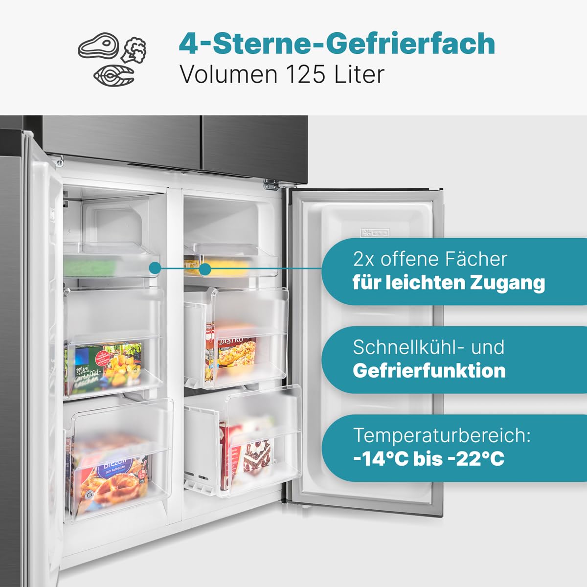 Bomann French Door Kühlschrank No Frost | Kühl-Gefrier-Kombinationen mit Total No Frost | Kühlschrank mit Gefrierfach 362L | Side by Side mit MultiAirflow-System | KG 7358 inox