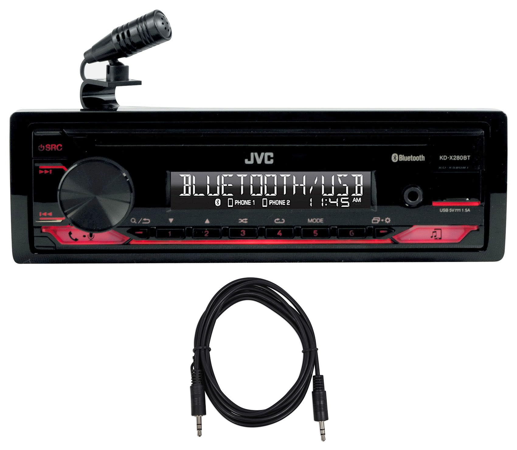 Audiosavings Bundle:(1) JVC KD-X280BT 1-Din Car Stereo Digital Media Receiver w/Bluetooth/USB/13-Band EQ Bundle with (1) Rockville TS1224 6 Foot 3.5MM to 3.5MM Aux Cable (Items 2)
