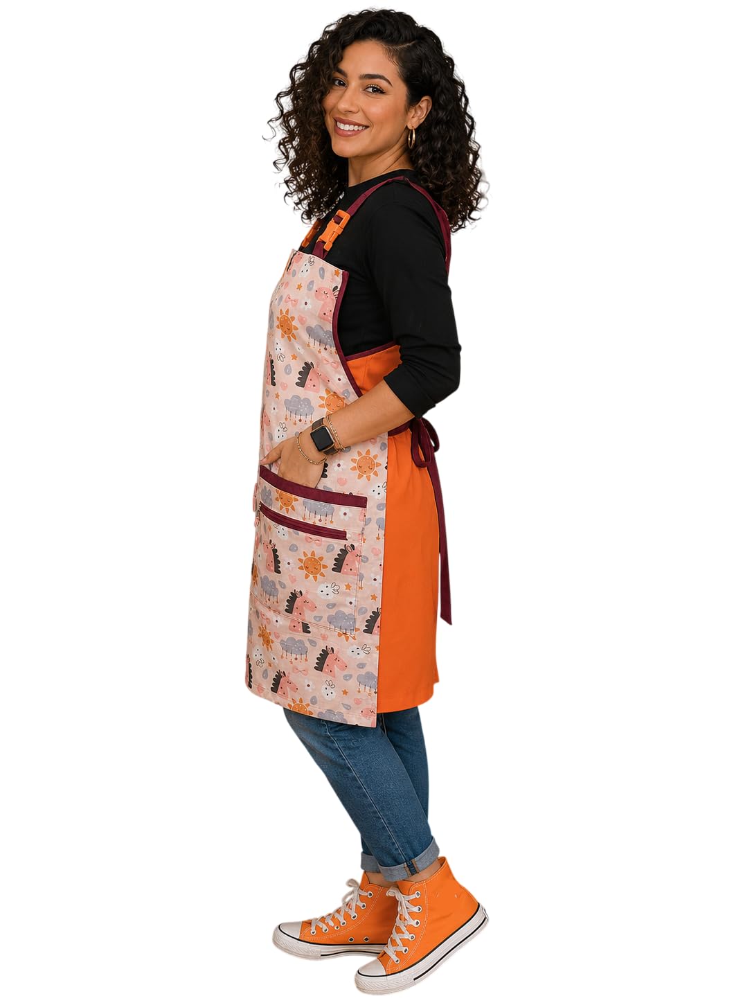 Delantal Maestra Unicornios Rosas Galba® | Estola Infantil y Primaria | Algodón | Naranja Flúor | 4 Bolsillos | Tirantes Regulables | + Regalo | Talla 2XL