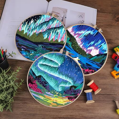 Image of KEKEMEOW 3 Sets Embroidery Kit for Beginners, Stitches with Aurora, Aurora Borealis Embroidery Stitch Practice kit for Adults Craft Lover, Needlepoint Hand Embroidery Kit with Pattern、Instruction、Hoop