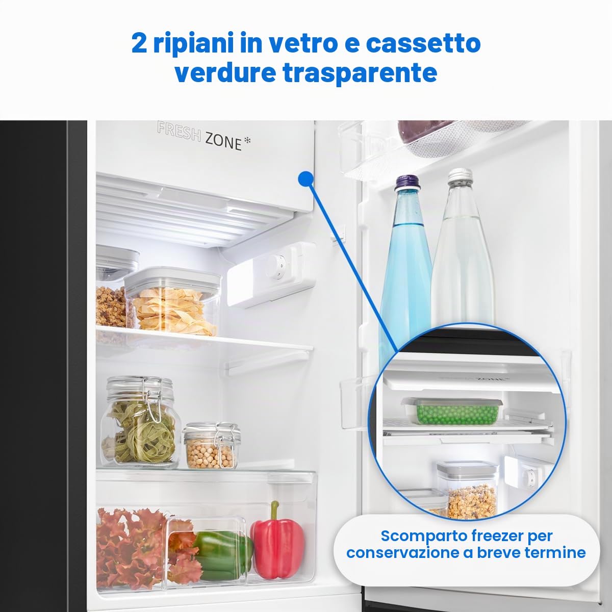 Frigorifero Bomann® con scomparto congelatore, 91L, Frigorifero compatto, 2 ripiani, Cassetto per verdure, Cerniera della porta reversibile, 0°~ 8°C, Mini frigorifero,