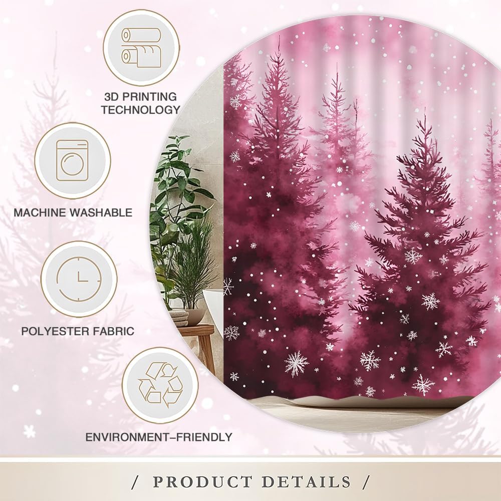 Winter Forest Snowy Shower Curtain Pink Christmas Tree Pine Spruce Trees Mist Fir Farmhouse Xmas Snowflakes Nature Landscape Rustic Bathroom Decor Set with Hooks