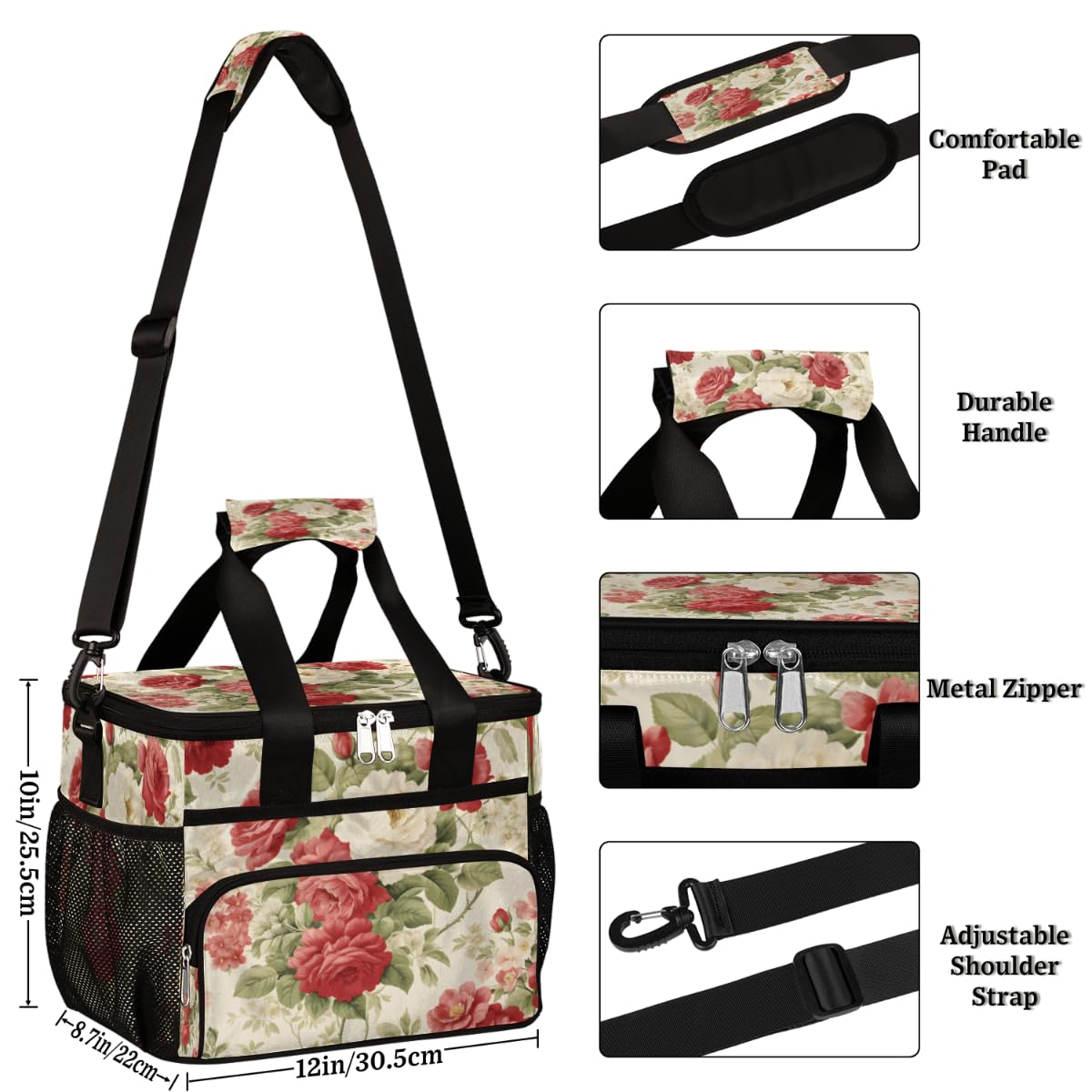 Blossom Flower Insulated Picnic Backpack Lunch Box for Women Men Picnic Basket Tote Lunch Bag Picnic Bag Portable Lunch Bags for Picnic, Beach, Work, Trip,Office, Camp Roses