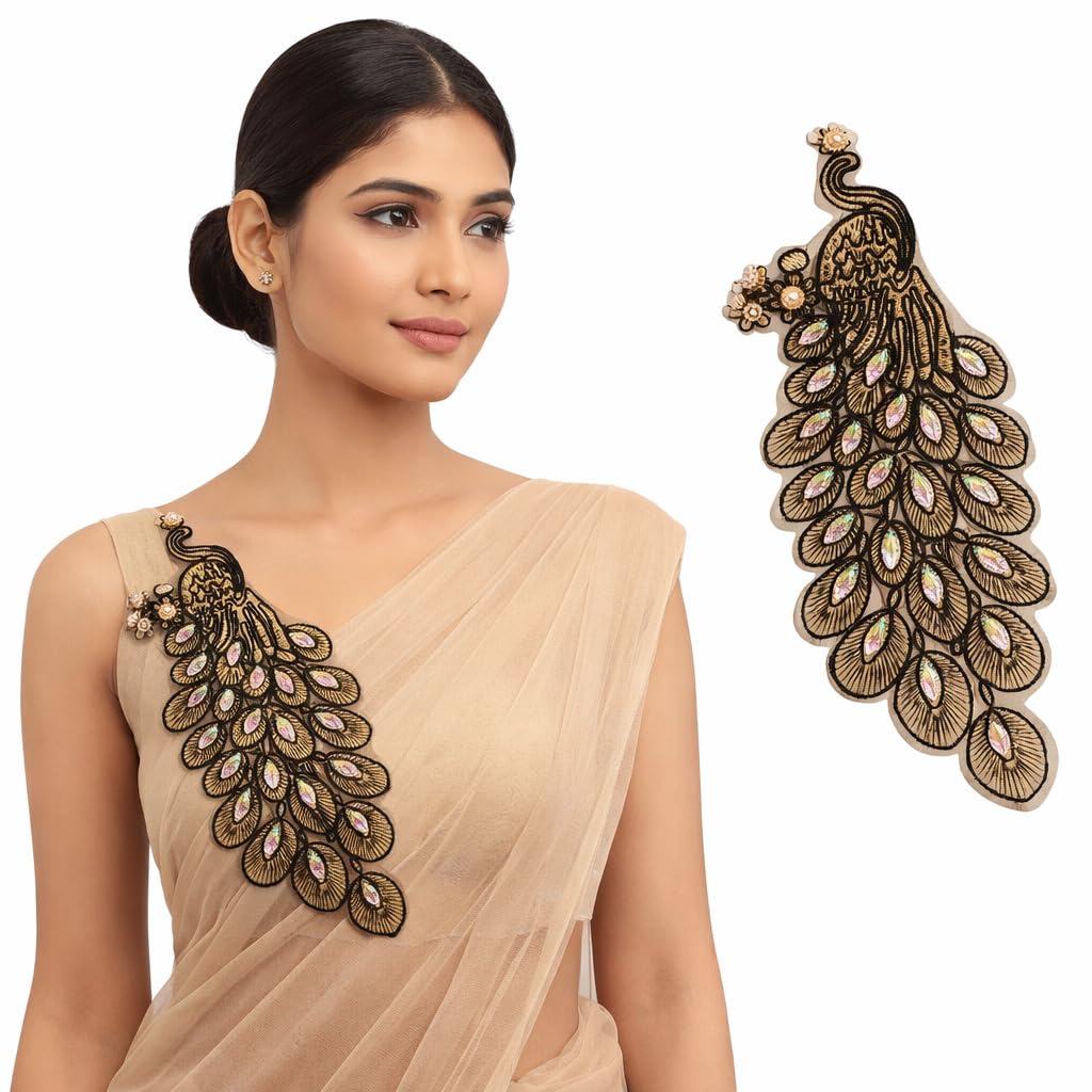 S.A.V.I Gold & Black Peacock Embroidered Sew-On Appliqué Patch 14x30 cm | Zardozi Threadwork with Crystal Stones | Designer Blouse Saree Kurti Gown Decoration (Left, Black & Gold, OneSize)-image-7