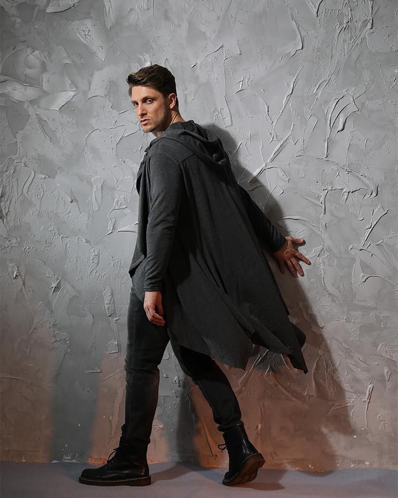 Long Hooded Cardigan Open Front Draped Cape Overcoat Lightweight Sweater with Pockets (Dark Grey, Medium)