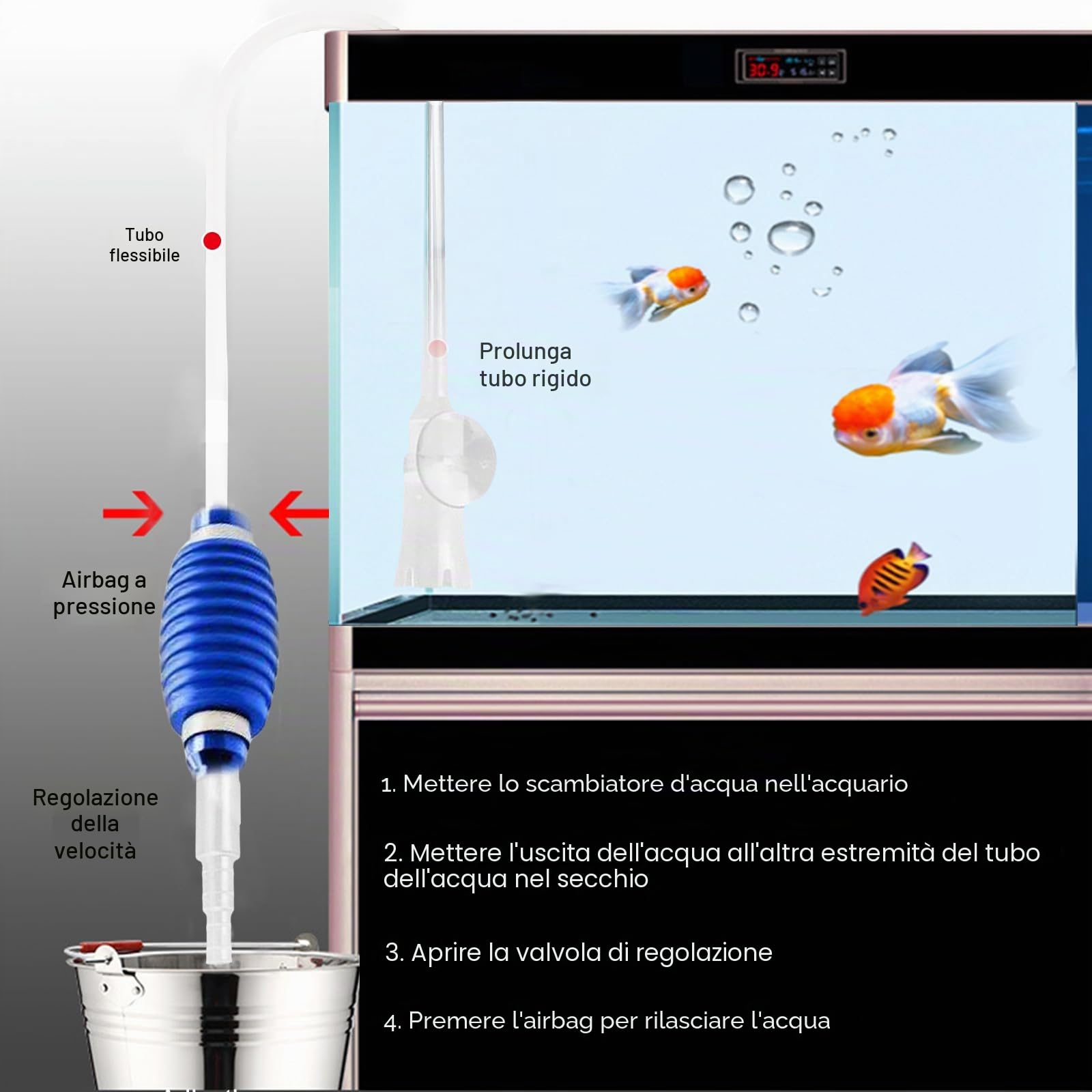 Set di pulizia per acquario, 5 in 1: accessori per acquario, cambio acqua, sifone e 5 strumenti di pulizia rimovibili, set di pulizia per acquario, strumenti di pulizia per il cambio dell'acqua e la