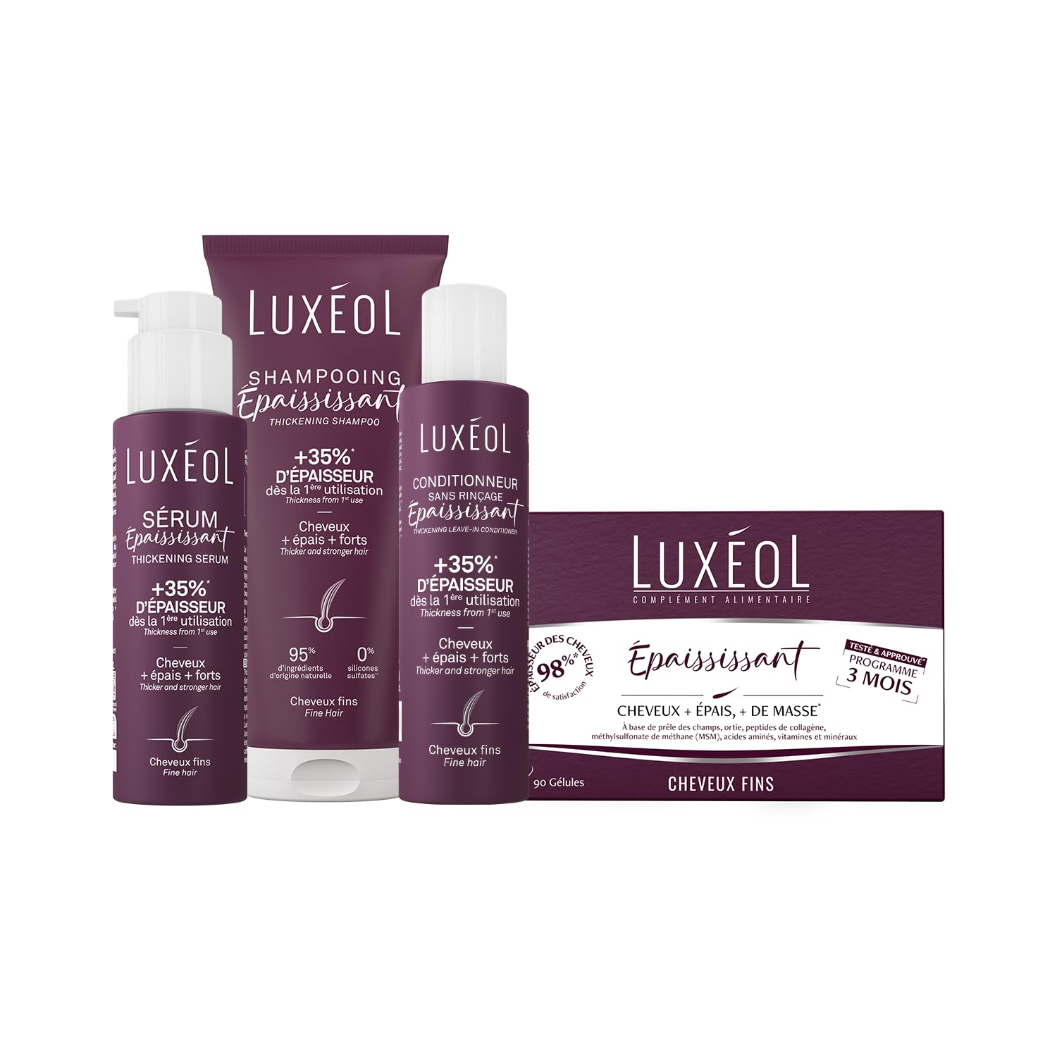 LUXEOL - Routine Epaississante In & Out - Cheveux Gras - +35% D'Epaisseur Dès la 1ère Utilisation* Shampooing + Conditionneur sans rincage+ Sérum + Complément alimentaire - Fabriqué en France
