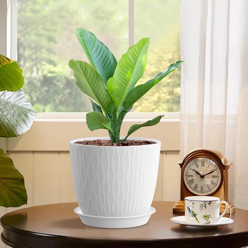 Image of StyleX Store Plastic Round Flower Pots with Drainage Hole Saucers | Durable Outdoor Indoor Wave Pattern Planters with Tray | Plant Containers for Garden, Office, Balcony and Home (Set of 5, White)