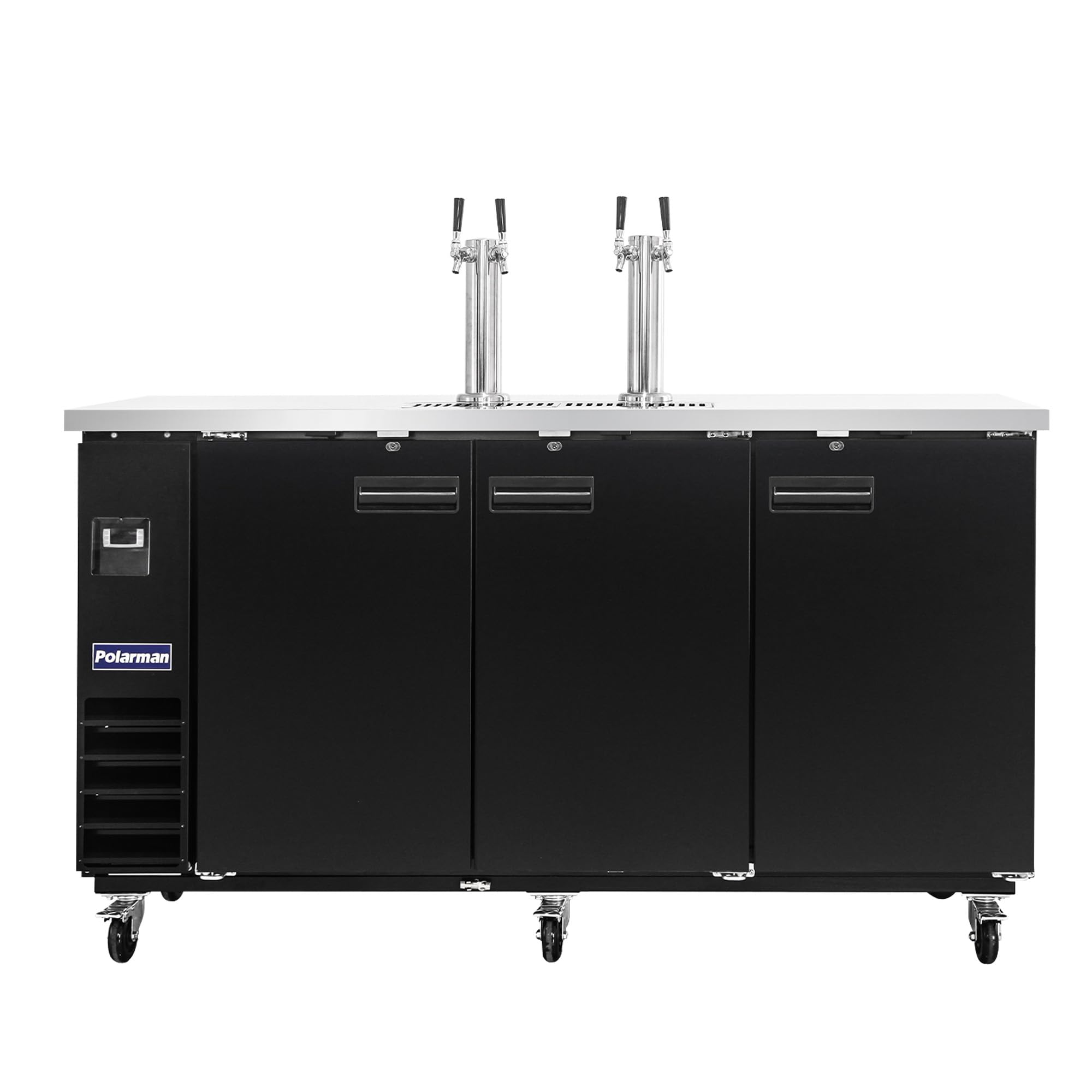 Polarman Commercial Beer Dispenser Two Single-tap Draft Kegerator 3 Door Keg Refrigerator for Bars and Restaurants 73” W Stainless Steel With 4 Coupler, 33°F- 41°F Temperature Control-Direct Draw