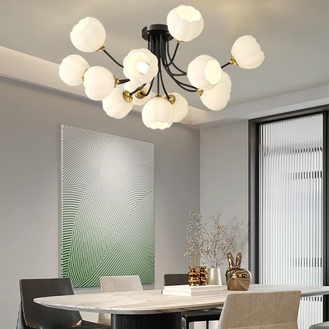 Lampy sufitowe do sypialni 13-jasne czarne mosiężne lampy sufitowe z białym kwiatem-szklanym kloszem szklana kula lampa sufitowa do sypialni salon jadalnia (13Lightblack