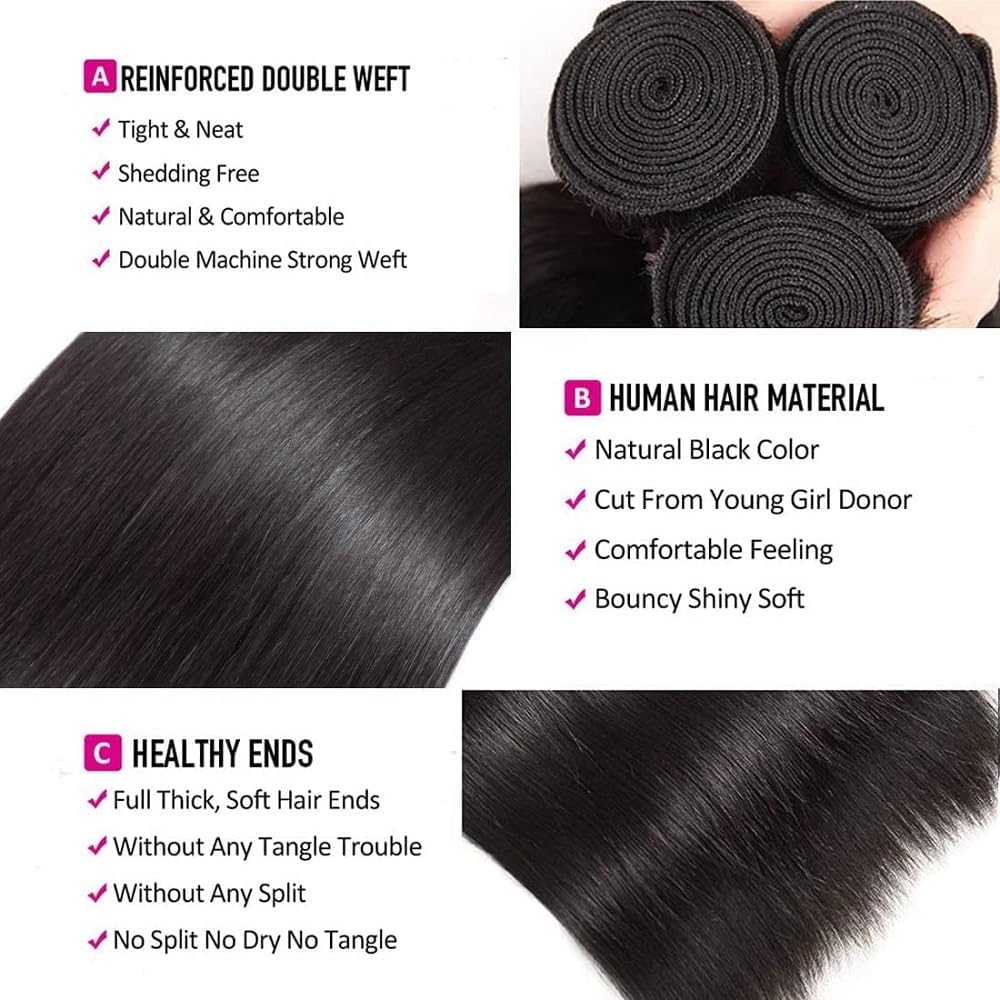 12A Human Hair Bundles 10 12 14 Inch Straight 3 Bundles Human Hair 100% Unprocessed Brazilian Remy Virgin Hair Extensions Natural Black - Image 2