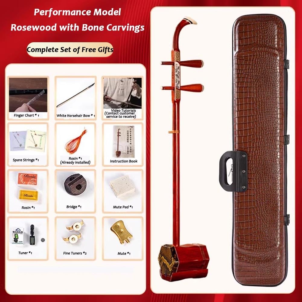 Erhu In Mogano Cinese, Strumento Musicale A Due Corde Simile A Un Violino, Con Accessori Per Principianti.(Red-A)