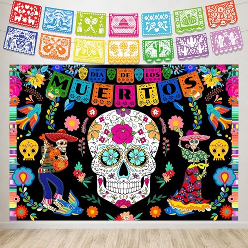 SUPJADE Day of the Dead Decorations Banner Backdrop Set Halloween Decoration Mexico Party Decorations Halloween Dia de los Muertos Party Supplies Accessories Home Decor
