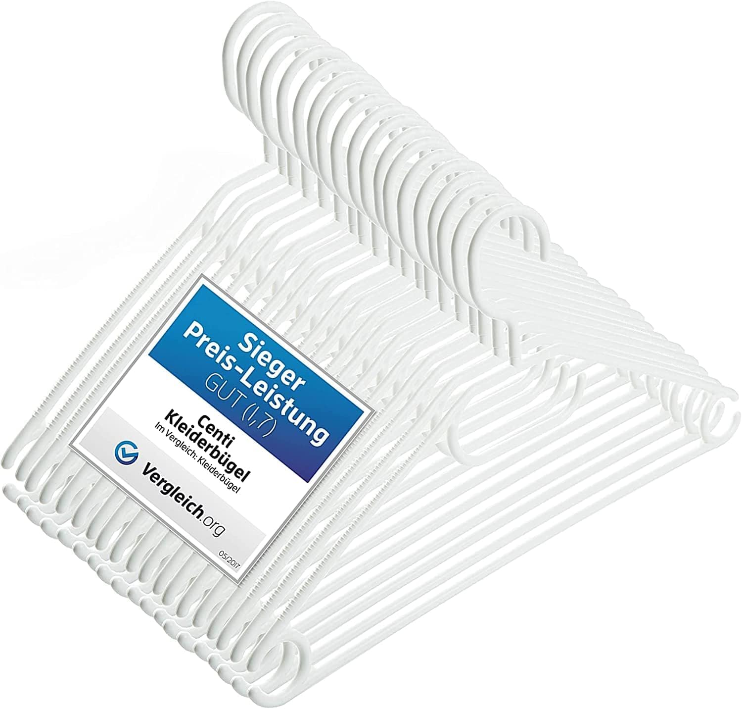 50 Kleiderbügel weiß Kunststoff mit drehbarem Haken – Platzsparend 8mm schmal, rutschfest mit Anti-Rutsch-Rillen, Hosenstange & Gürtelhalter, 41cm Made in EU aus 100% Recyclingmaterial