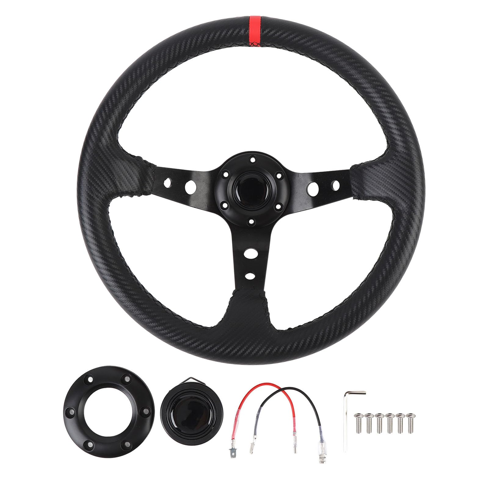 SIXRUN 14-Zoll-Carbonfaser-Lenkrad Universal-Sportlenkrad mit Hupenknopf für 6-Loch-Nabenadapter PU-Leder-Aluminiumrahmen (Rot)