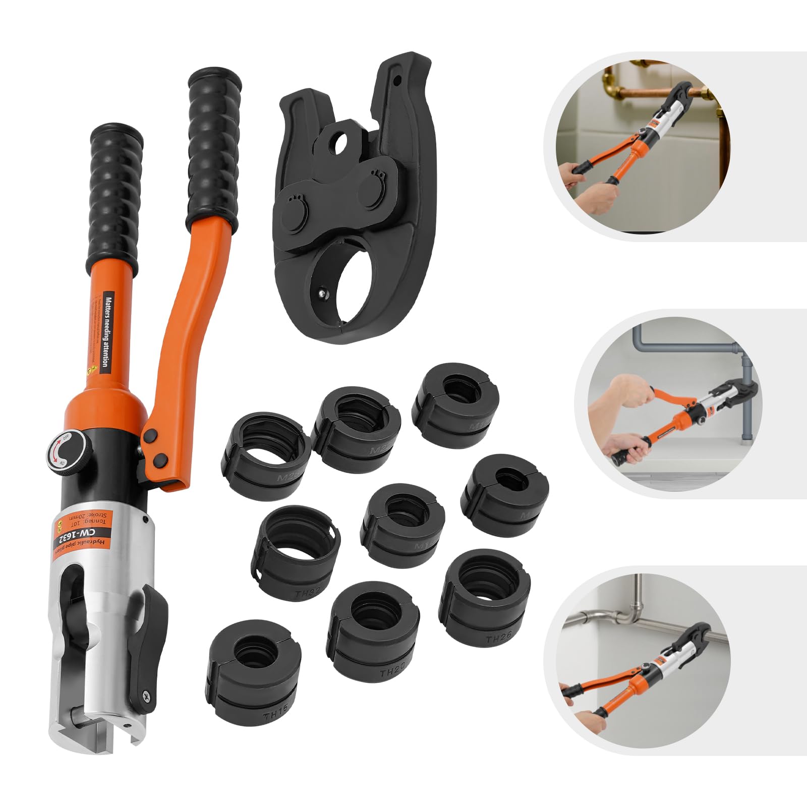 Pinza crimpatrice idraulica professionale, 10 tonnellate, forza di pressione, 9 strumenti, per tubi di rame, tubi in alluminio e plastica, 45 cm, arancione