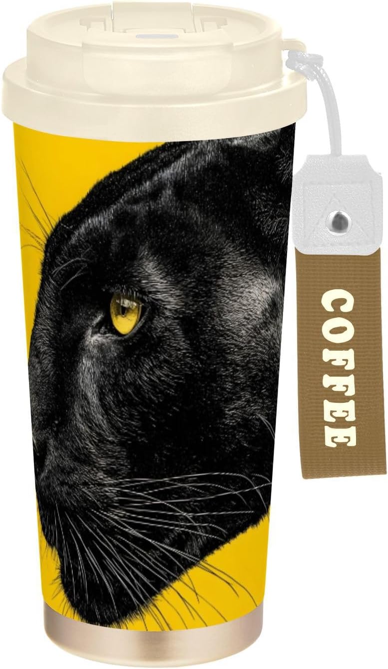 Cheetah Head Yellow Insulated Coffee Mug with Straw & Flip Lid, 16.9oz Iced Tumbler Cup, Double Wall Vacuum Mug for Travel Office