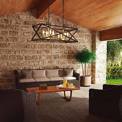 Large Modern Farmhouse Chandelier 8-Lights Black and Gold Industrial Metal Chandelier Light Fixtures for Dining Room Rectangular Linear Kitchen Island Lights UL Listed