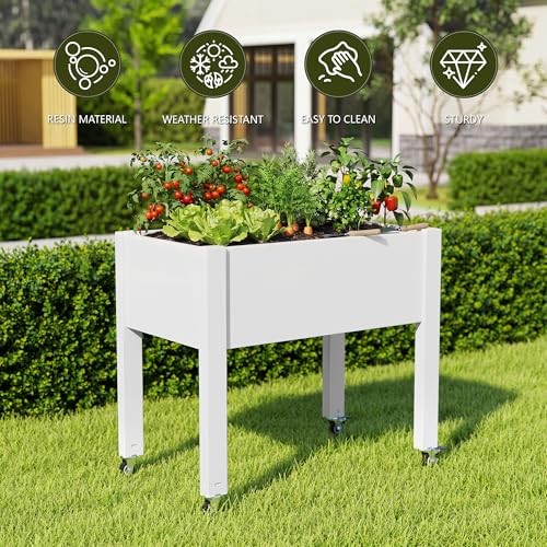 NBYSGO Raised Garden Bed with Wheels, Resin Elevated Planter Box, White — view 5