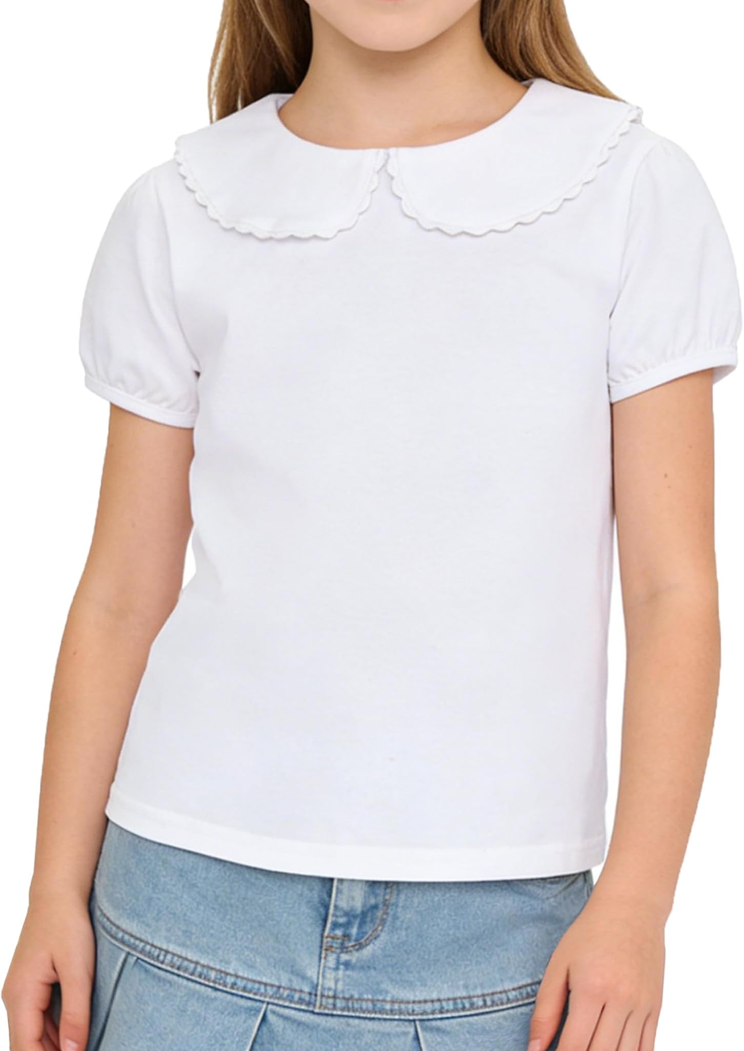 - 2-5T Toddler Girls Peter Pan Collar Shirt Puff Short Sleeve Basic Top Blouse Solid Color Tee