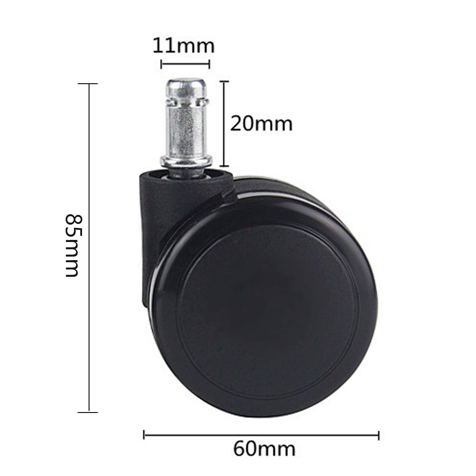 Lot de 5 roulettes de Chaise de Bureau de 2,5 Pouces en polyuréthane Robuste, roulettes de Rechange, roulettes Doubles pivotantes, Taille Universelle, Tige : 11 mm x 20 mm, pour parquet, Noir