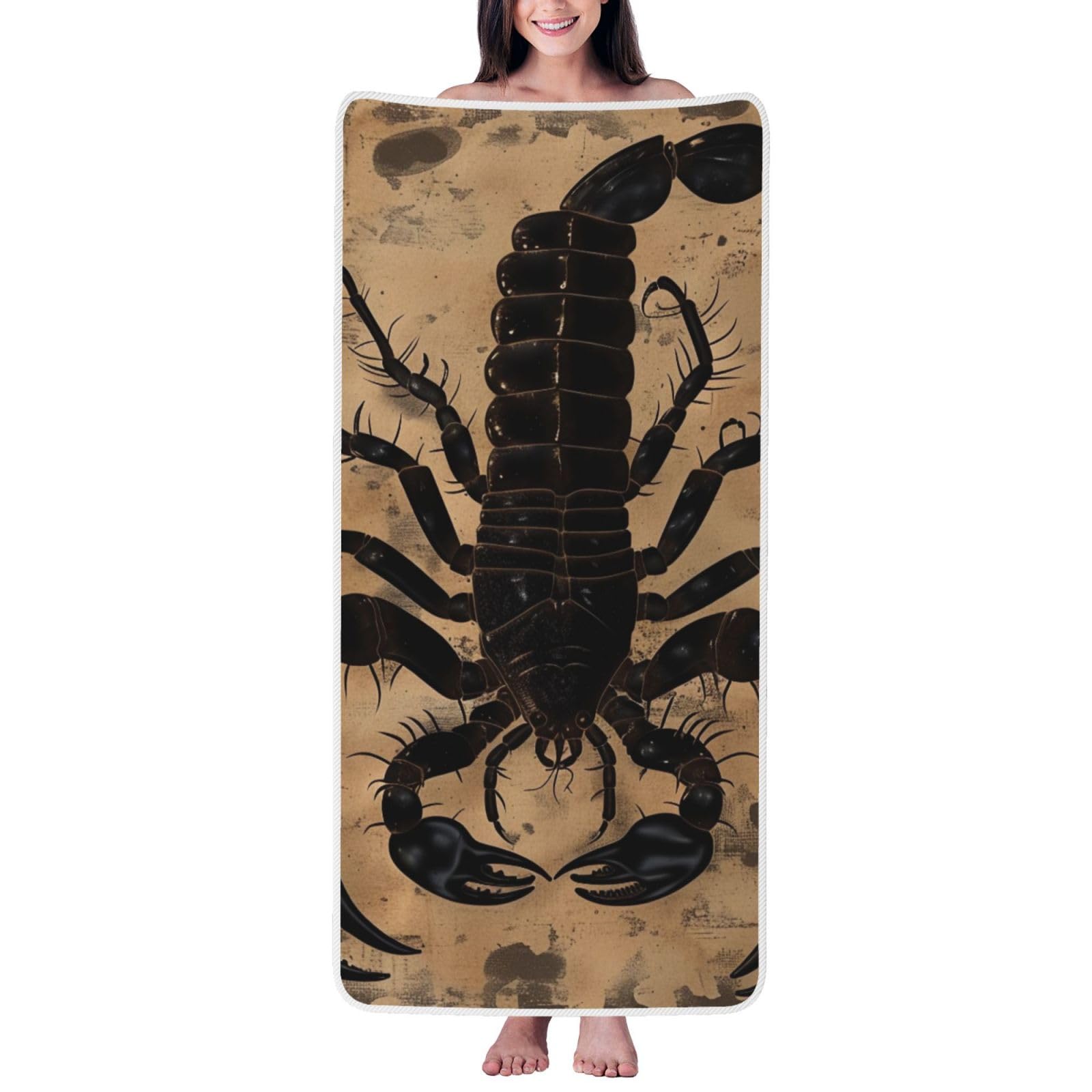 WPKJU Scorpion Printed Bath Towel with White Edging - 27x55 in Soft Extra Absorbent Coral Velvet Shower Towels for Bathroom
