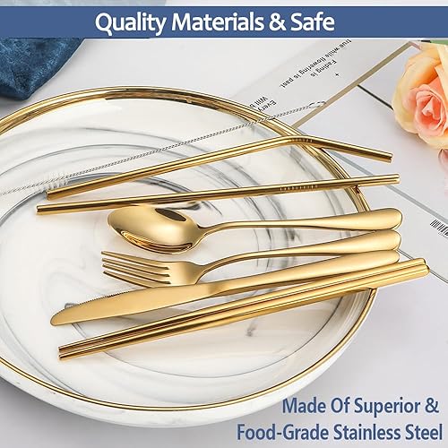 Miniatura 5 de Juego de utensilios de viaje de acero inoxidable con estuche, cubiertos portátiles, palillos, pajilla, color dorado