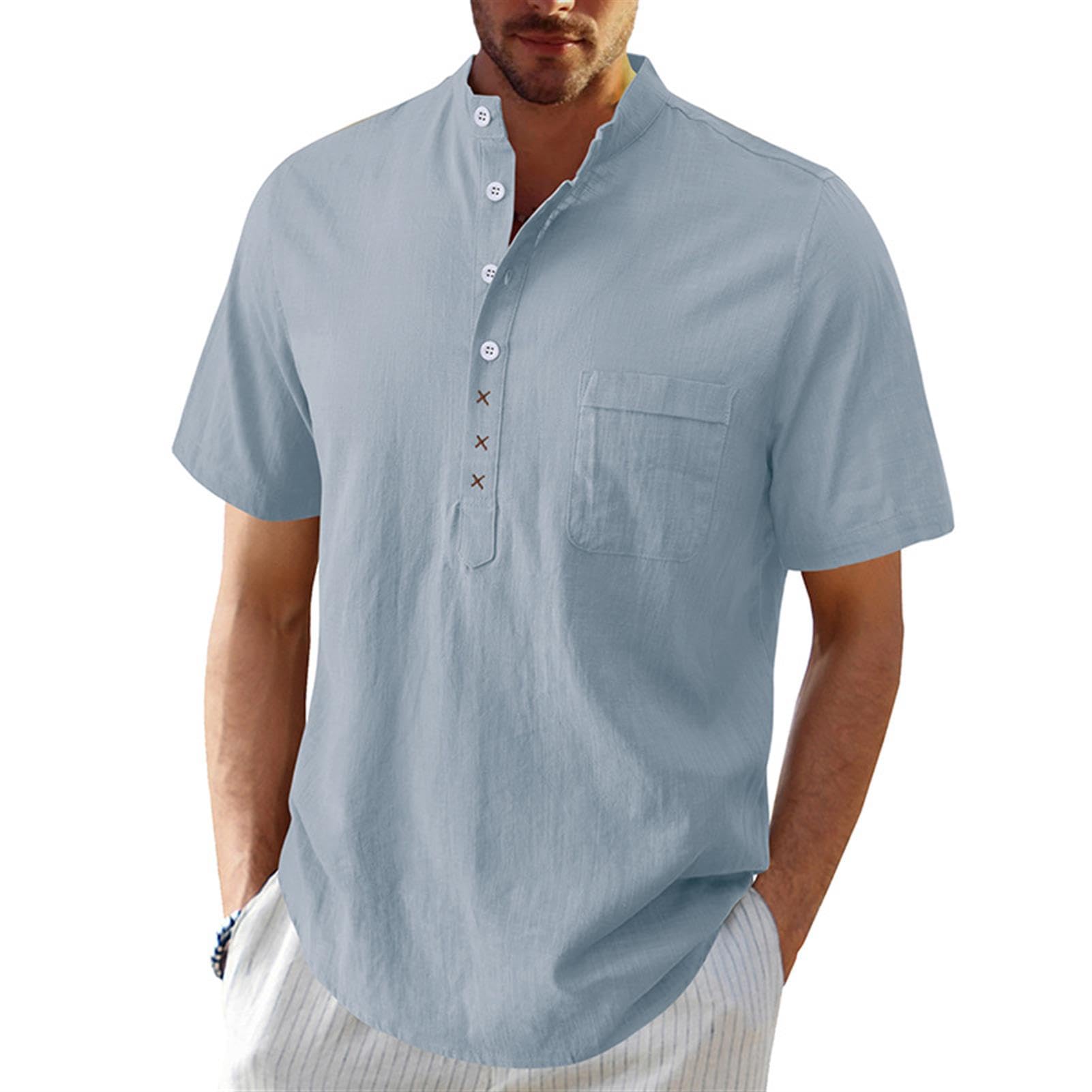 hixswnu Männer Leinen Kurzarm Shirt Casual Beach Shirts Henley T-Shirt Band Kragen Urlaub Tops mit Tasche