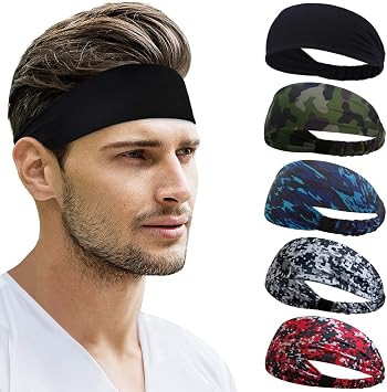 Beister Sports Headbands for Men & Women 5 Pack, Moisture Wicking Sweatbands, Elastic Non Slip Sweat Bands, Athletic Workout Fashion Wide Hair Bands for Running, Cycling, Basketball, Yoga