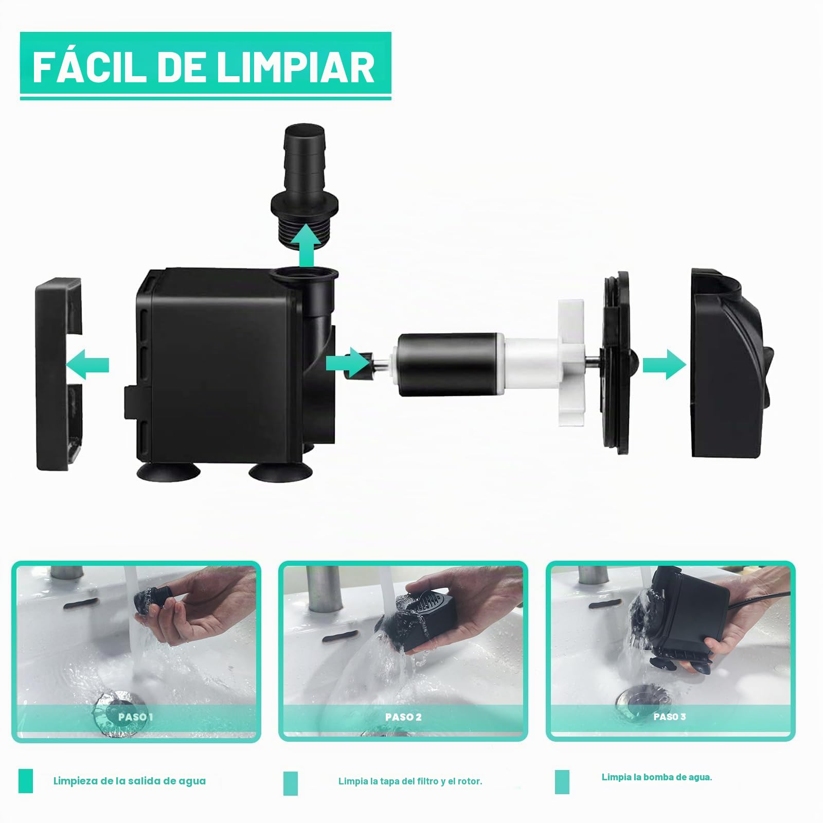 EXLECO Bomba Acuario Sumergible para Aguas Sucias 4500L/H 90W 220V Fuente Exterior Estanque Achique 1 Manguera 4 Boquillas