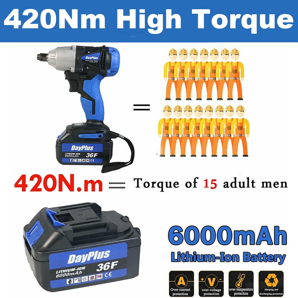 DayPlus Atornillador de impacto inalámbrico de 1/2 pulgadas con batería de 18 V, 1 batería de 6,0 Ah, 420 Nm, llave de impacto, 4 llaves de vaso, 14/17/19/22 mm, 2 marchas ajustable con maletín
