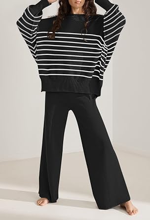Linsery Women 2 Piece Sweater Sets Long Sleeve Knit Top Matching Wide Leg Pant Knitted Sweatsuit Outfits