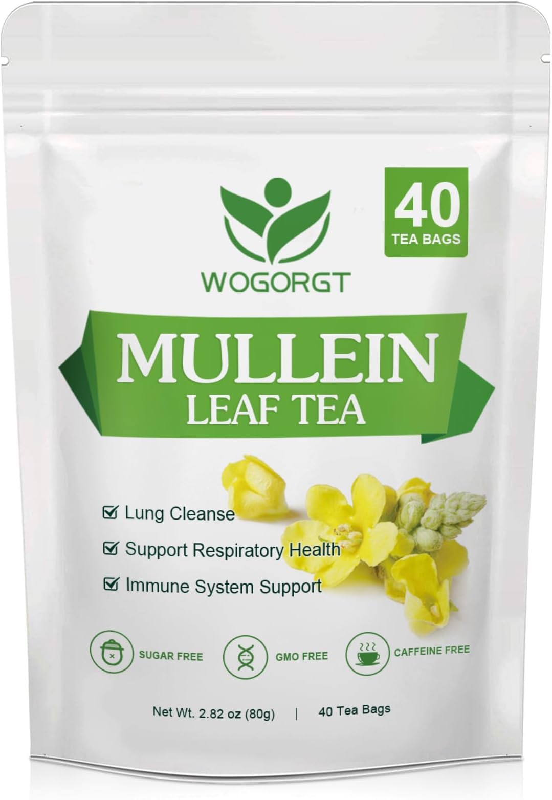 WOGORGT Mullein Tea Bags - Natural Mullein Leaf Tea for Lungs Cleanse and Respiratory Support, Caffeine Free - 40 Tea Bags